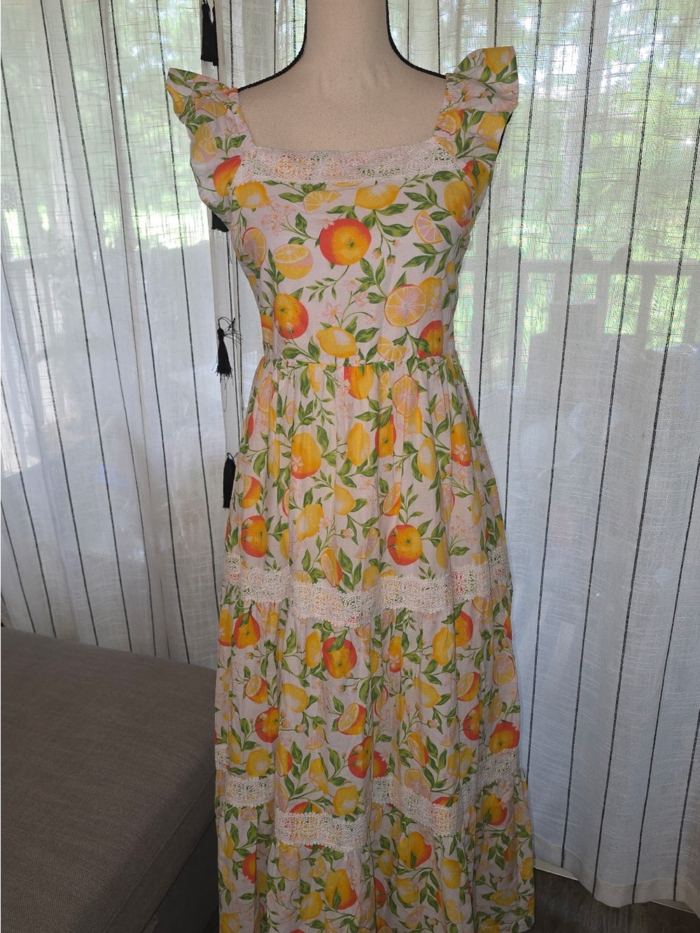Rachel Zoe Cream Maxi Dress with Yellow & Green Lemon Motif